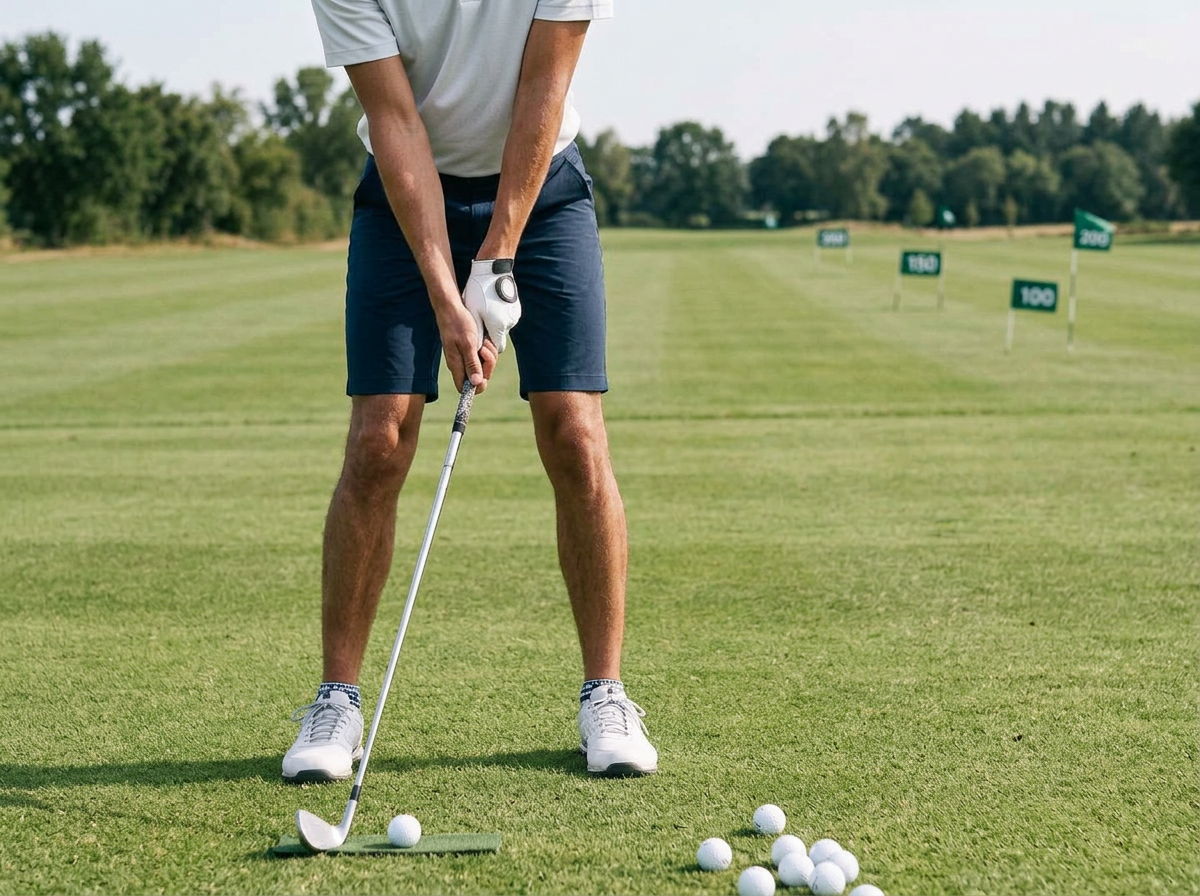 Jovem golfista em treino, enquadrado sem mostrar o rosto