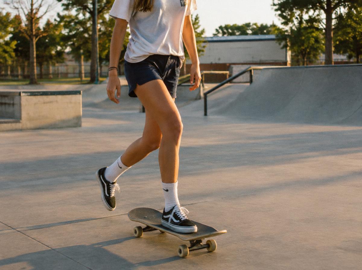 Jovem skatista andando de skate em pista de skate, enquadrada sem mostrar o rosto